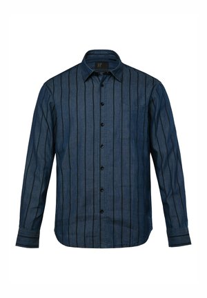 Dunkelblaue Jeanshemd mit Knopfleiste, vertikalen schwarzen Streifen, einer Brusttasche und einem Kragen mit langen Ärmeln.