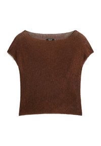 Ruskea viiriöinen lyhythihainen neulepaita, jossa on leveä kaula-aukko. Pehmeä rakenne, suora leikkaus ja kevyt materiaali. Ei näkyviä varusteita tai kuvioita.