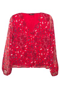 Rød blomsterbluse med V-hals, lange gennemsigtige ærmer og knapåbning. Har et mix af hvide og blå blomsterprint på et struktureret stof.