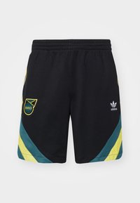 Pantalones cortos negros con rayas diagonales amarillas y verde azulado. Presenta un logo de Jamaica en la pierna izquierda y el logo de Adidas en la derecha. Cintura elástica.