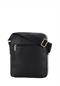 Borsa a tracolla nera in pelle con finitura testurizzata, tasca frontale con zip e tracolla regolabile con logo. Forma quadrata.