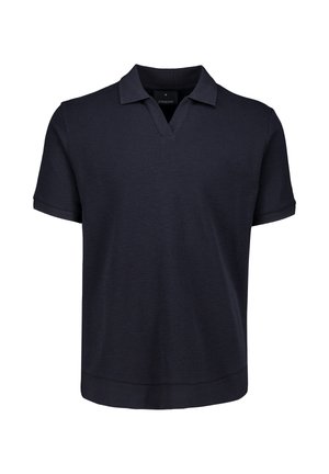 Polo a maniche corte blu navy scuro con tessuto testurizzato e colletto con scollo a V aperto.