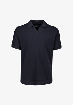 Dunkelblaues Poloshirt mit kurzen Ärmeln, texturiertem Stoff und einem Kragen mit offenem V-Ausschnitt.