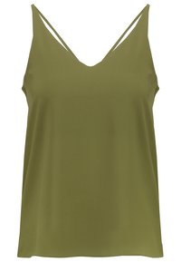 Oliivinvihreä hihaton toppi, jossa V-kaula-aukko ja ohuet ristikkäiset olkaimet. Sileä pinta, rento istuvuus ja minimalistinen muotoilu.