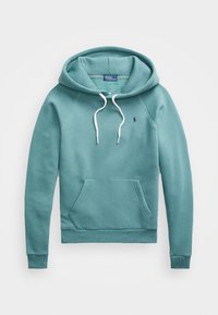 Felpa con cappuccio in cotone misto teal, con tasca frontale a marsupio, lacci bianchi e un piccolo logo sul petto.