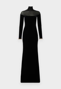 Black velvet dress with long sleeves, high neck, and sheer mesh shoulder detail. Features gold accent at sleeve cuffs and a floor-length design.