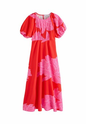 Rochie midi roșie cu modele mari florale roz, mâneci scurte bufante și decolteu rotund cu închidere la spate tip cheie.
