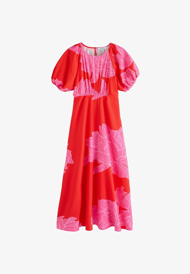 Červené midi šaty s veľkými ružovými kvetinovými vzormi, nafúknutými krátkymi rukávmi a okrúhlym výstrihom so zapínaním na chrbte v tvare kľúčovej dierky.