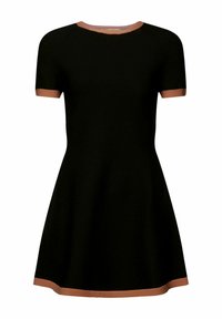 Svart kortärmad klänning med utsvängd kjol, med kopparfärgad trim vid halsringningen och ärmarna. Tillverkad av ett stretchigt, slätt material.