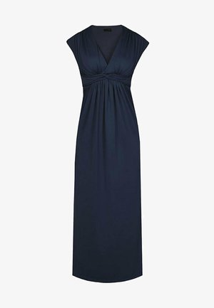 Námořnické maxi šaty s krátkými rukávy, s plisovaným korpusem a výstřihem do V. Vyrobeno z měkké, lehké tkaniny.