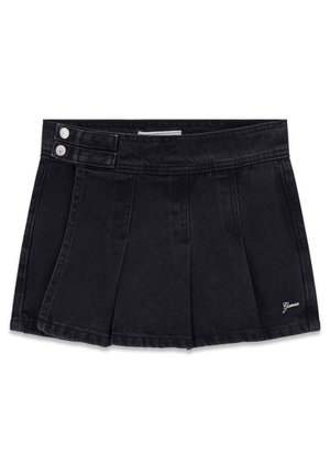 Gonna di denim nera con design a pieghe, dotata di due bottoni bianchi in vita. Sottile logo "Guess" ricamato in basso a destra.