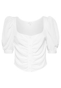 Bílá blůza s vypouklými rukávy, čtvercovým výstřihem, předním zapínáním na knoflíky a nařasením v přední části pro zajímavou strukturu.