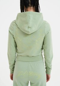 Lichtgroene cropped hoodie met een trekkoordcapuchon en aansluitende manchetten. Bevat een subtiele gele ontwerp op de achterkant met tekst en bloemmotieven.