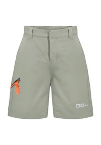 Ljust grå utomhusshorts med bälteshällor, sidofickor, en orange dragkedjeficka på vänster ben, och Jack Wolfskin-logotyp på höger ben.