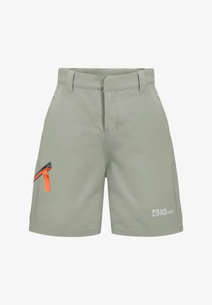 Shorts d'extérieur gris clair avec passants de ceinture, poches latérales, une poche zippée orange sur la jambe gauche et le logo Jack Wolfskin sur la jambe droite.