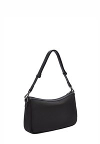Zwarte nylon schoudertas met een gladde textuur, ritssluiting, verstelbare strap en een minimalistisch ontwerp. Heeft een rechthoekige vorm.