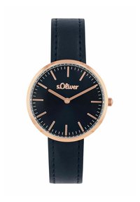 Schwarze Lederarmbanduhr mit einem runden Gehäuse in Goldfarbe, dunklem Zifferblatt, goldenen Stundenmarkierungen und -zeigern. Markenname "s.Oliver" in Roségold.