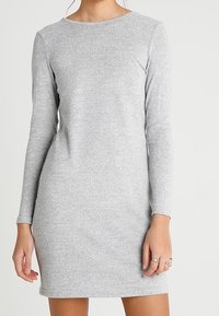 Langärmliges graues Kleid aus weichem Stoff, mit einem runden Ausschnitt und einer taillierten Silhouette, die über dem Knie endet.