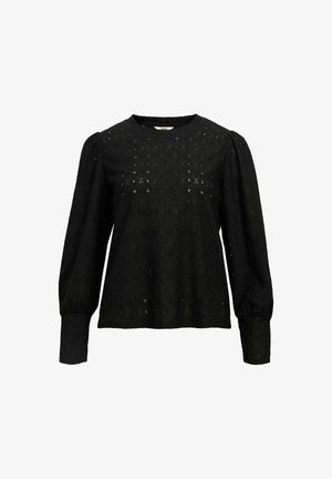 Sort bluse med lange puffærmer, strukturbetonet stof med et geometrisk mønster og en rund halsudskæring. Bemærkelsesværdig blonde-lignende detaljering gennem hele blusen.