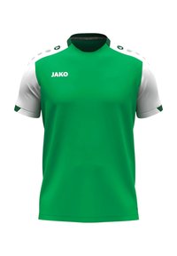 Grünes Sporttrikot mit kurzen weißen Ärmeln, schwarzen Akzenten und "JAKO"-Logo auf der Vorderseite. Glattes Material mit einem runden Ausschnitt.