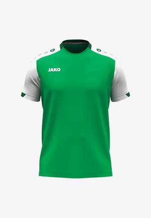 Maglia sportiva verde con maniche corte bianche, dettagli neri e logo "JAKO" sul davanti. Tessuto liscio con design a collo rotondo.