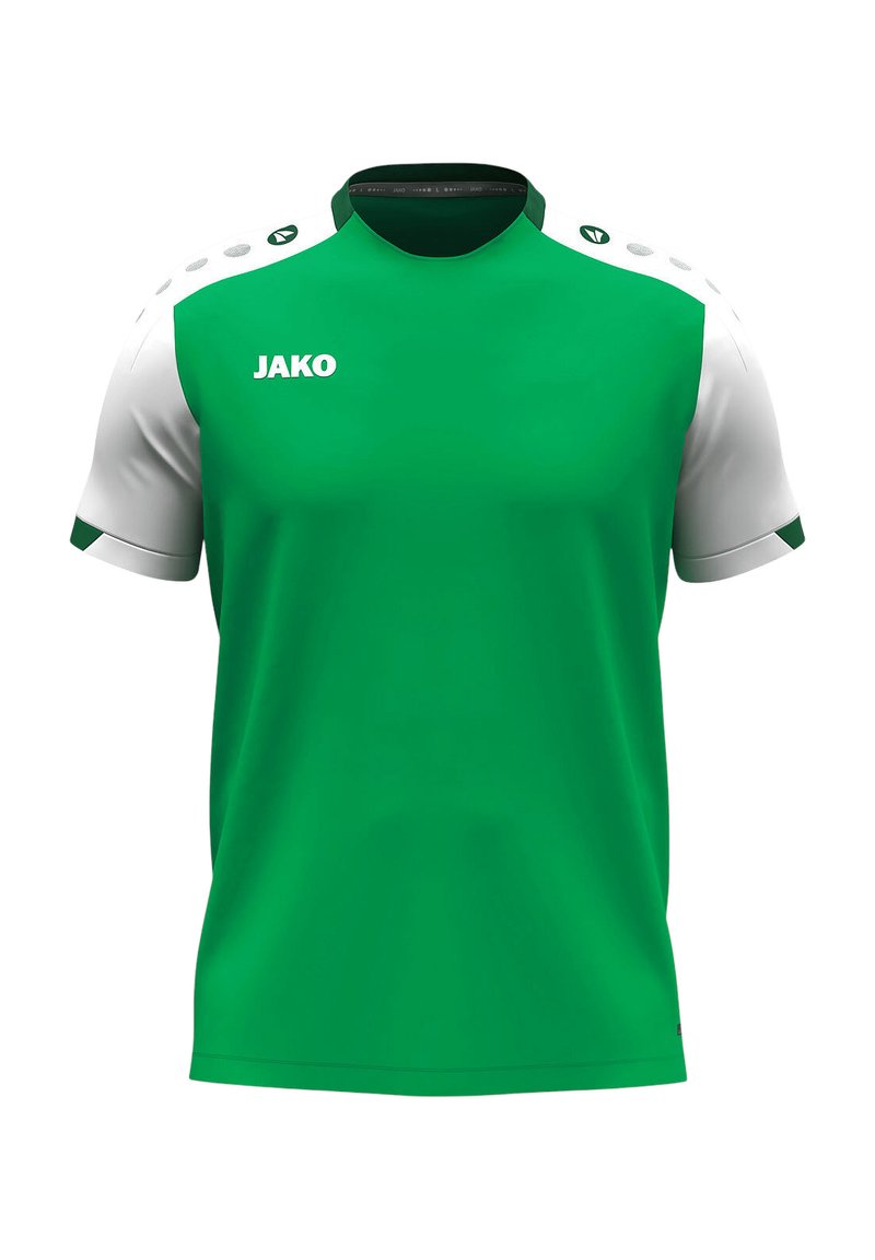Grünes Sporttrikot mit kurzen weißen Ärmeln, schwarzen Akzenten und "JAKO"-Logo auf der Vorderseite. Glattes Material mit einem runden Ausschnitt.