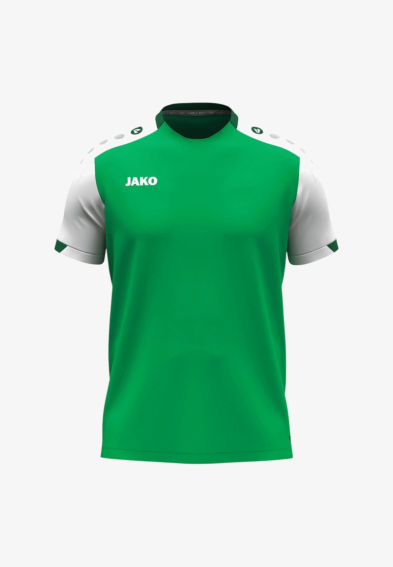 Grünes Sporttrikot mit kurzen weißen Ärmeln, schwarzen Akzenten und "JAKO"-Logo auf der Vorderseite. Glattes Material mit einem runden Ausschnitt.