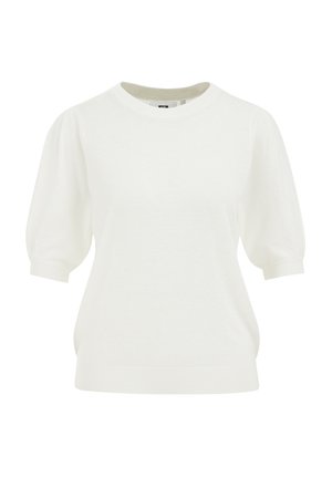 Balta megzta palaidinė su trumpomis, purus iškirptomis rankovėmis. Pagaminta iš minkštos medžiagos, turi apvalų iškirptimą ir raukinį ant rankogalių bei apatinės dalies. Paprasta, lygi tekstūra.