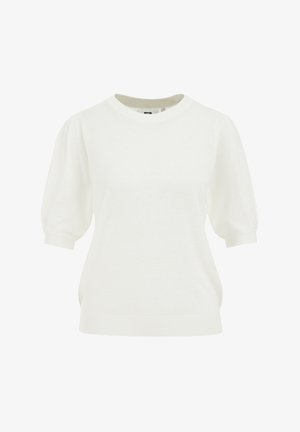 Balta megzta palaidinė su trumpomis, purus iškirptomis rankovėmis. Pagaminta iš minkštos medžiagos, turi apvalų iškirptimą ir raukinį ant rankogalių bei apatinės dalies. Paprasta, lygi tekstūra.