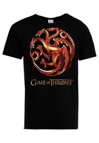 Schwarzes Baumwoll-T-Shirt mit einem roten und orangefarbenen Drachenmotiv, umrahmt von einem dekorativen Muster, unten mit dem goldenen Text "Game of Thrones".