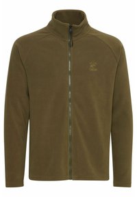 Olivgrüne Fleecejacke mit hohem Kragen, durchgehendem Reißverschluss und Raglanärmeln. Verfügt über ein dezentes Logo in der Nähe der Brust und hat eine glatte Textur.