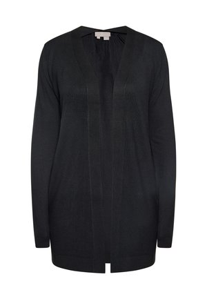 Schwarze Strickjacke mit V-Ausschnitt, offener Vorderseite, langen Ärmeln und gerippten Akzenten an den Bündchen und am Saum. Weiche Textur, ohne Verschlüsse.