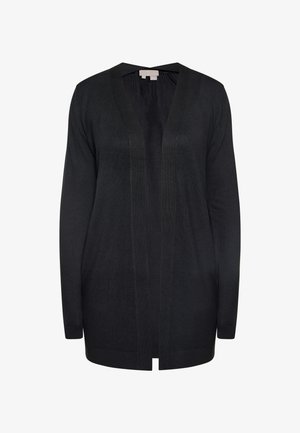 Černý pletený cardigan s výstřihem do V, otevřeným předním designem, dlouhými rukávy a ribovanými detaily na manžetách a lemu. Měkká textura, bez zapínání.