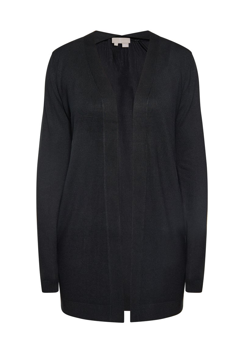 Zwarte gebreide cardigan met een V-hals, open voorkant, lange mouwen en ribbelaccenten aan de manchetten en zoom. Zachte textuur, geen sluitingen.