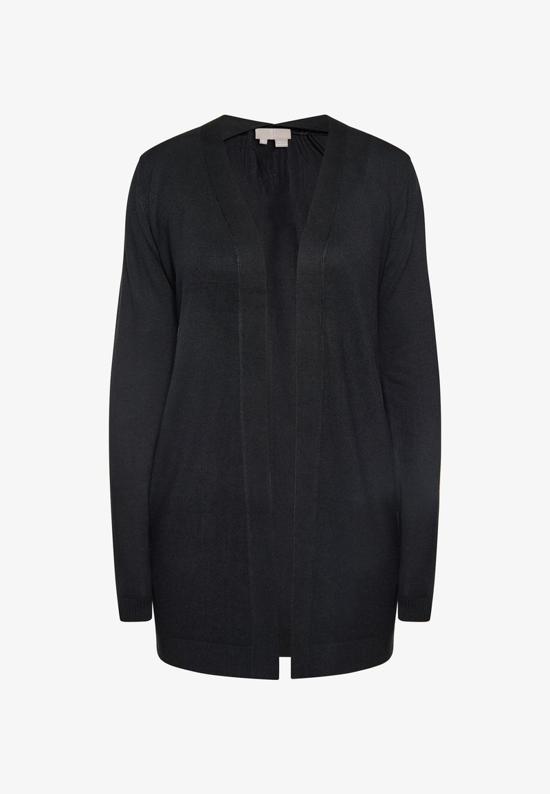Black knit cardigan with a v-neck, open front design, long sleeves, and ribbed accents at the cuffs and hem. Soft texture, no fastenings.