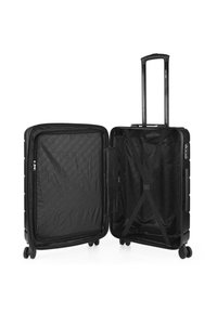 Maleta rígida negra con mango extensible, cierre de cremallera y correas elásticas interiores para asegurar el contenido. Cuatro ruedas giratorias.