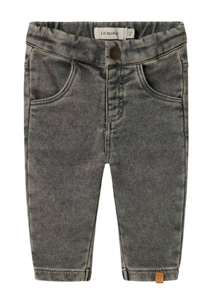 Jean en denim noir délavé taille tout-petit avec poches devant, fermeture par bouton et étiquette en tissu à l'ourlet de la marque Lil' Atelier.