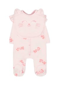 Różowy bawełniany kombinezon z uszkami kota i wzorem twarzy. Zawiera falbanki na ramionach oraz nadrukowane w powtarzającym się wzorze słowo "LOVE". Zapięcie na zatrzask u dołu.