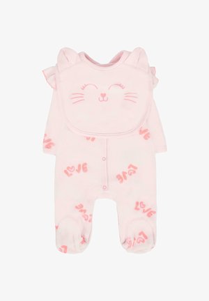 Tutina in cotone rosa con orecchie e design di faccia di gatto. Presenta rouches sulle spalle e la scritta "LOVE" stampata in un motivo ripetitivo. Chiusure a scatto nella parte inferiore.