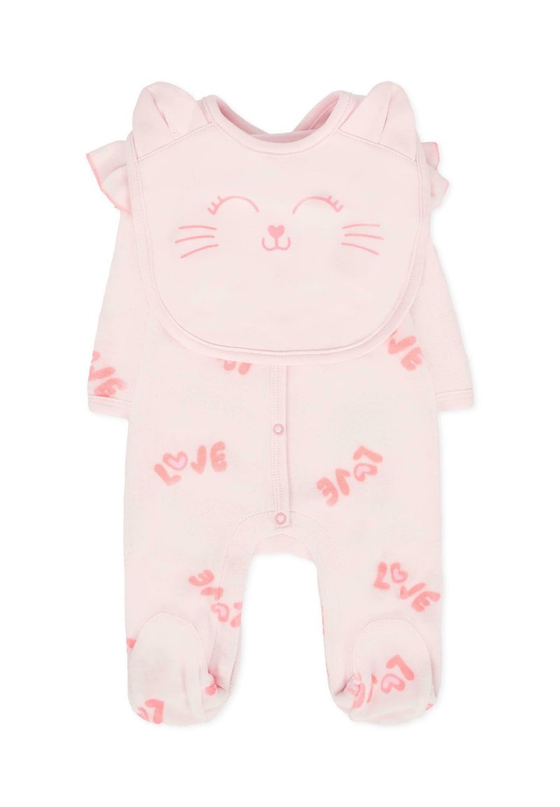 Różowy bawełniany kombinezon z uszkami kota i wzorem twarzy. Zawiera falbanki na ramionach oraz nadrukowane w powtarzającym się wzorze słowo "LOVE". Zapięcie na zatrzask u dołu.