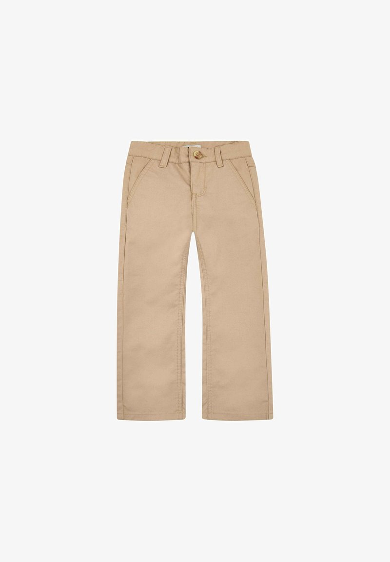Pantalon beige pour enfants à jambes droites avec poches avant, passants pour ceinture et fermeture par bouton à la taille.