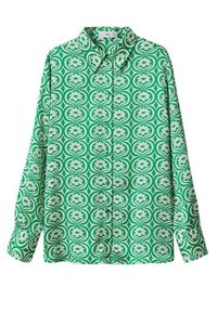 Chemise verte à manches longues avec un motif floral géométrique blanc. Design boutonné avec un col classique et une texture de tissu lisse.