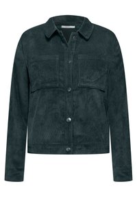 Dark green corduroy jacket featuring a collared design, two chest pockets, and button closures down the front. Smooth texture with a cropped fit.