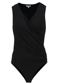 Costume da bagno senza maniche nero con design avvolgente, scollatura a V e texture liscia. Le aperture per le gambe alte creano una silhouette elegante.