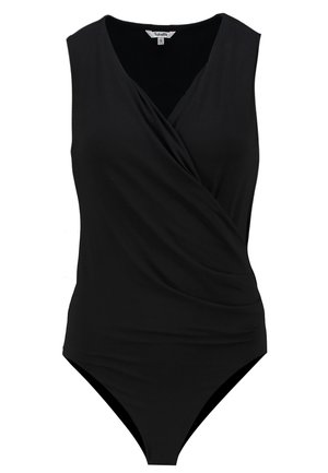 Black sleeveless swimsuit featuring a wrap design, V-neckline, and smooth texture. High-cut leg openings create a sleek silhouette.