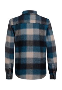 Camisa de cuadros de manga larga con cuadrados en azul, gris y negro. Confeccionada en una tela de textura suave, incluye un cuello y puños con botón.