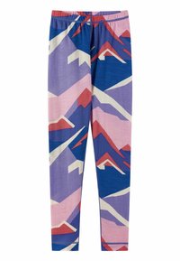 Legginsy wykonane z miękkiego, elastycznego materiału z geometrycznym wzorem gór w kolorach niebieskim, różowym i czerwonym, z elastycznym pasem.