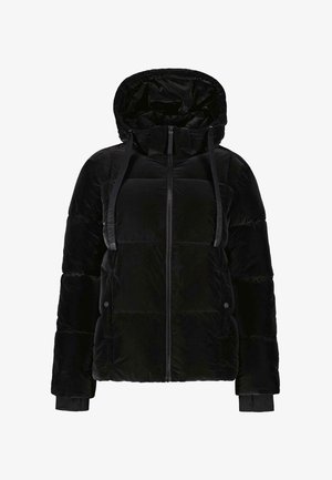 Zwarte gewatteerde jas met capuchon, rits aan de voorkant en trekkoorden. Glad textuur met een gewatteerd ontwerp en elastische boorden.
