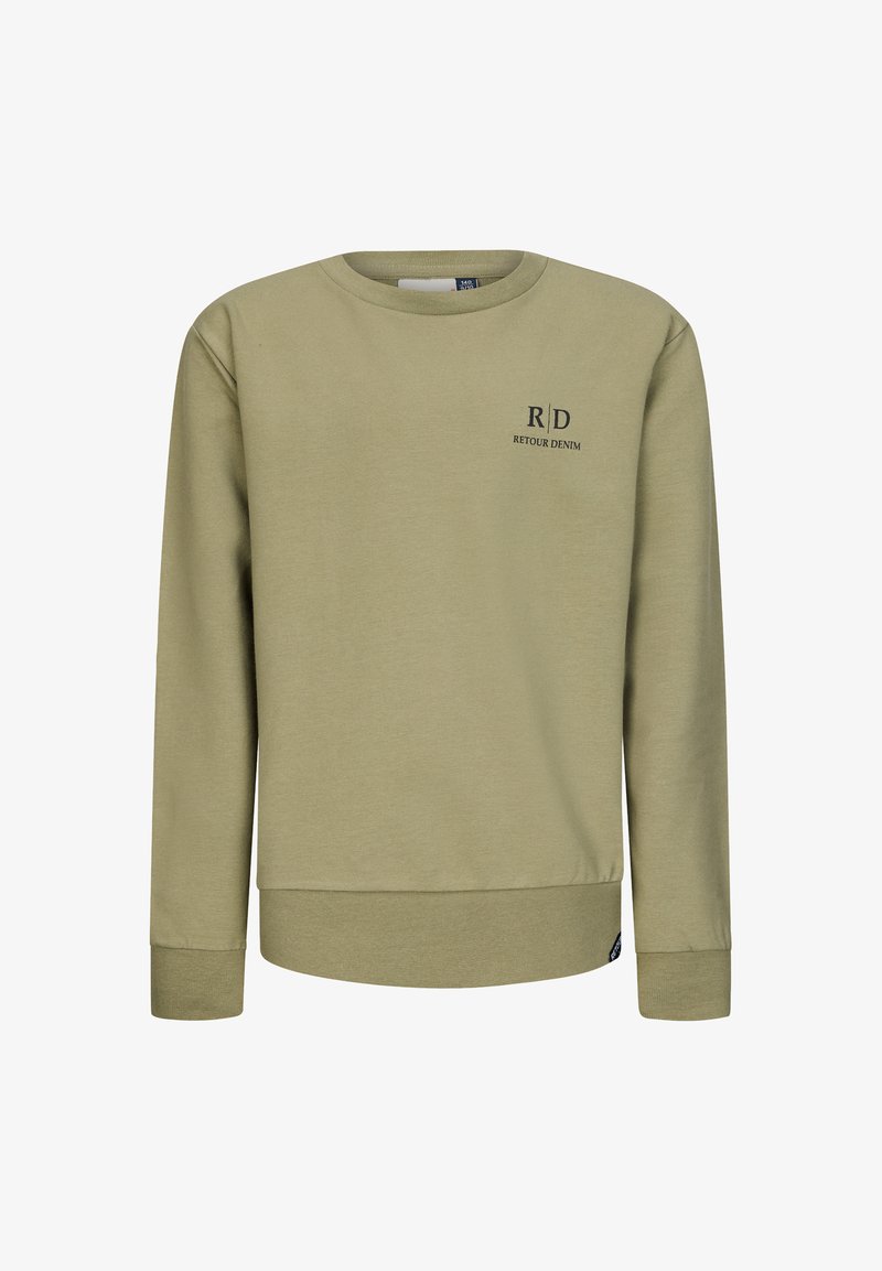 Olivegrüner Sweatshirt aus weichem Material, mit langen Ärmeln, rundem Hals und kleinem Logo auf der Brust. Mit gerippten Bündchen und Saum.