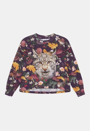 Sweat violet avec des feuilles d'automne, des fleurs, des baies, un visage de lynx centré et de petits animaux comme un oiseau, un écureuil et une souris dans le motif.